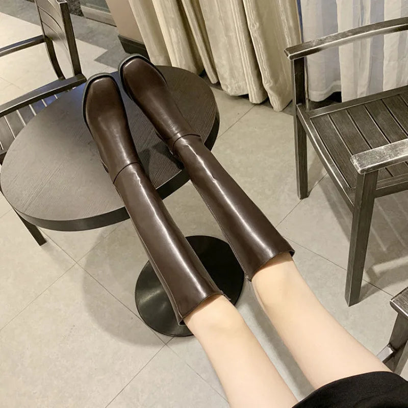 Xajzpa Winter Cotton Women Knee High Boots Fashion Zippers Ladies Elegant Low Heel Long Booties Soft Leather Women's Footwear