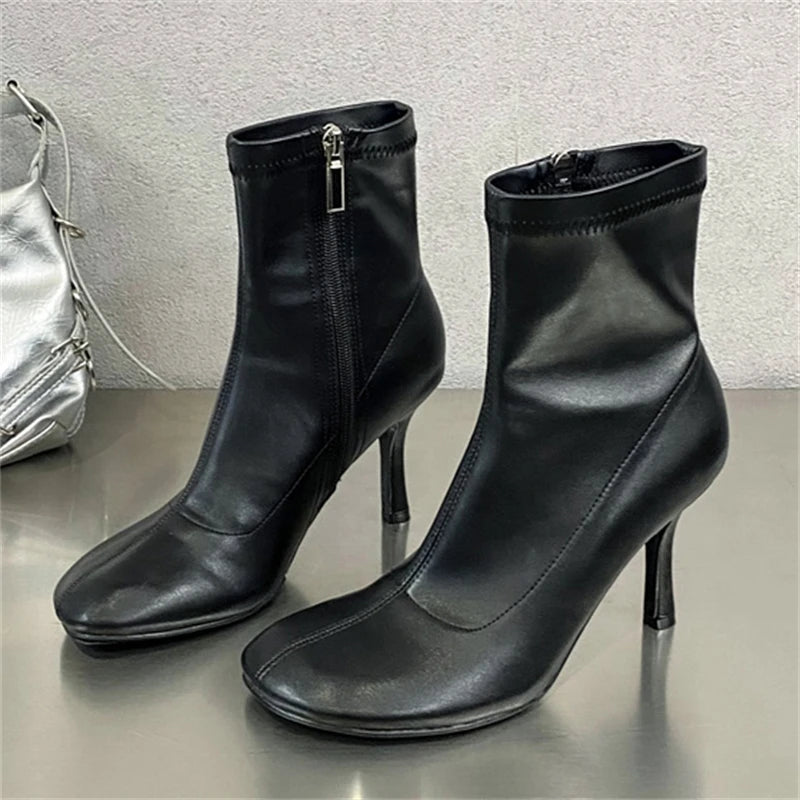 xajzpa Spring Autumn SEXY Round Toe Women Ankle Boots Concise Thin High Heels Shoes Fashion Side Zipper Short Booties