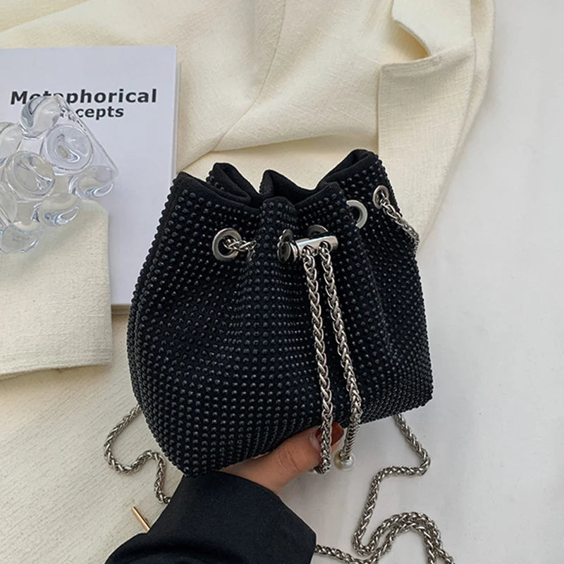 Xajzpa Bright Rhinestone Shoulder Bag Women Chains Crossbody Bag Drawstring Bucket Handbag Luxury Lady Armpit Handbag Daily Totes