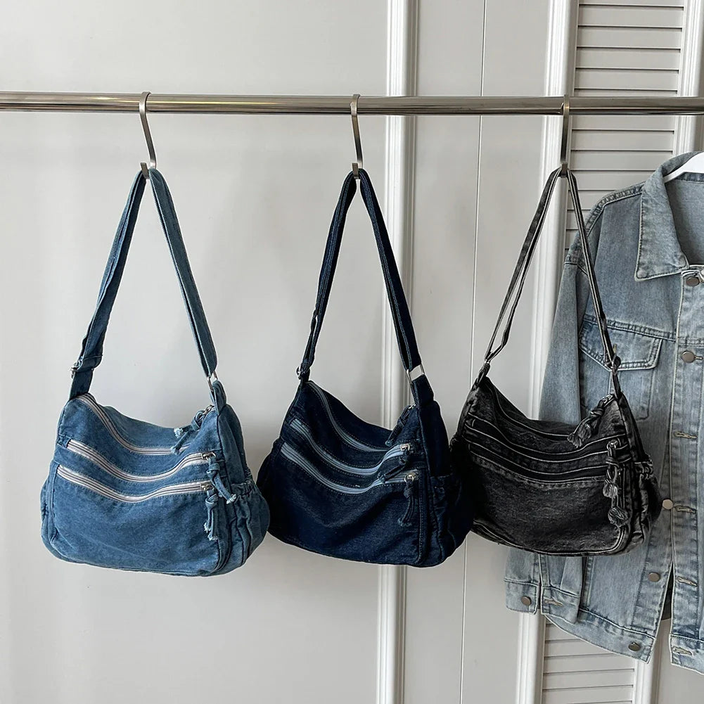 Xajzpa  Women Casual Satchel Bag Large Capacity Denim Vintage Messenger Bag Adjustable Strap Daily Tote Bag Multifunction Chic Hobo Bag