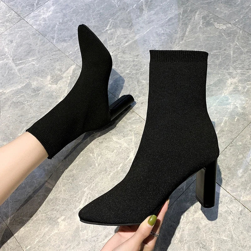 Xajzpa Simple Fashion Stretch Socks Boots Women's High Heels Shoes Knit Socks Boots Skinny Women Pointed Autumn and Winter Bare Boots