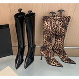 Xajzpa Pointed Thin Heel Leopard Print Long Boots for Women's Fashionable Sexy Mixed Color Knee High Boots Large Size 43 Women's Shoes