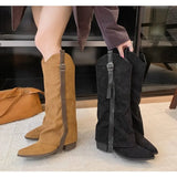 Xajzpa New Style Fashion Winter Street Style Pointed Toe Knee-High Boots Women Low Heels Shoes Female Long Booties Zapatos De Mujer