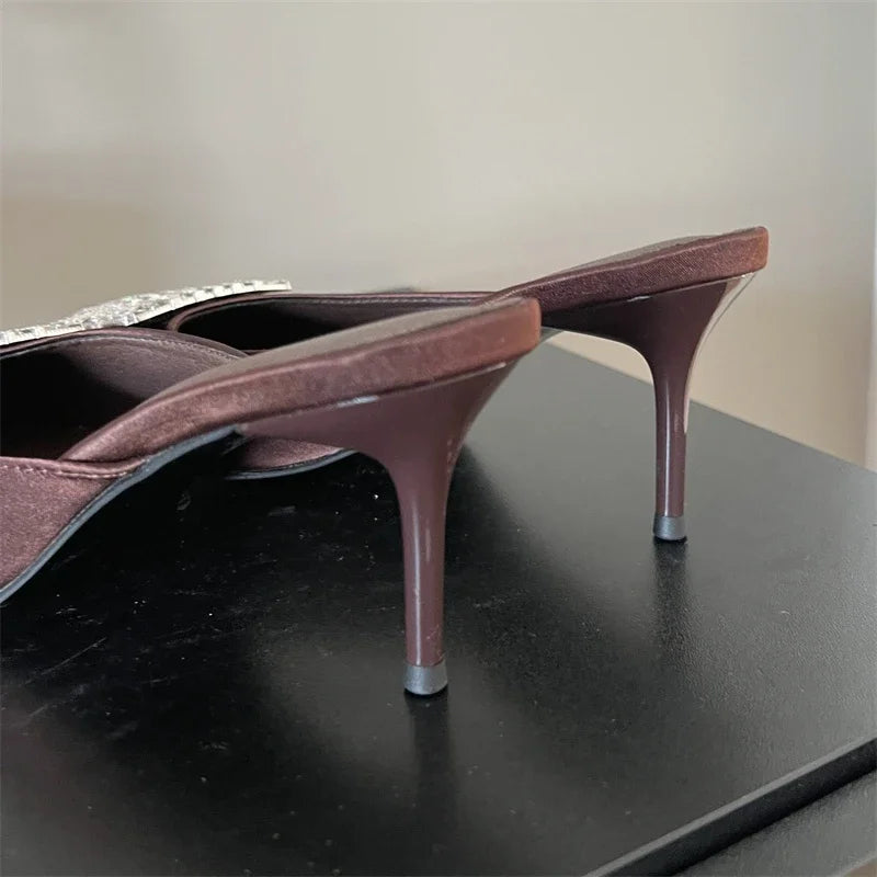 Xajzpa Spring Pointed Toe Crystal Buckle Mules Slippers Women Fashion Thin Heels Casual Party Shoes Zapatos De Mujer