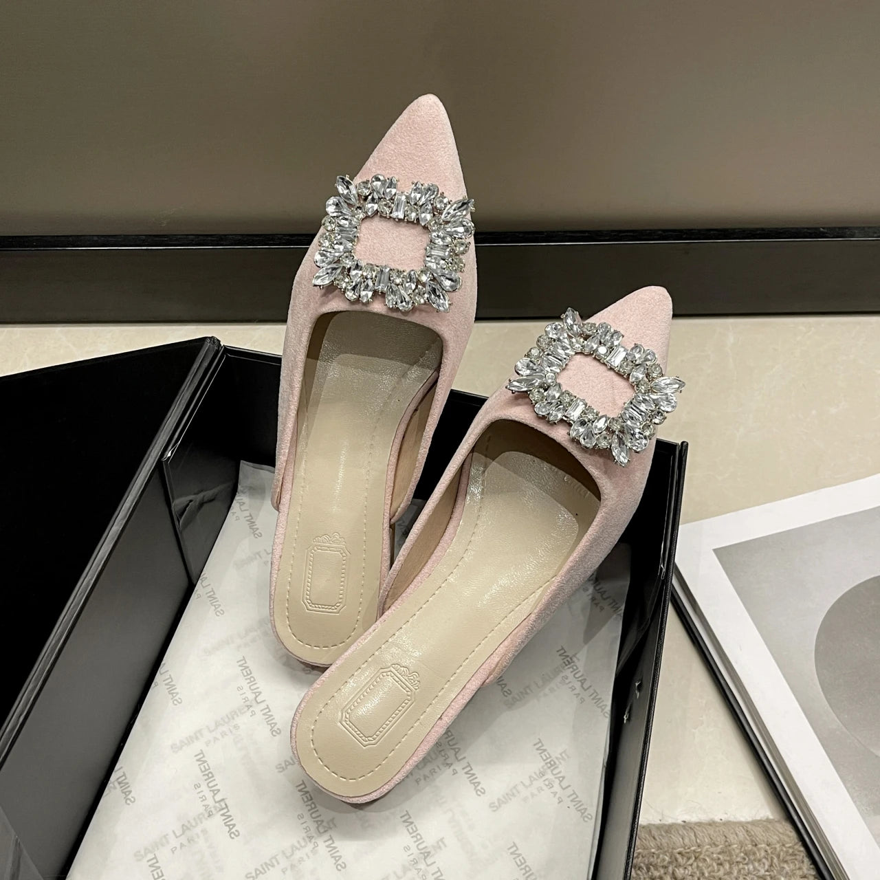 Xajzpa New Women's Shoes New Mules Women's High Heels Fashion Wedding Pump Women Rhinestone Pointed Toe Sandals Ladies Zapatos Mujer