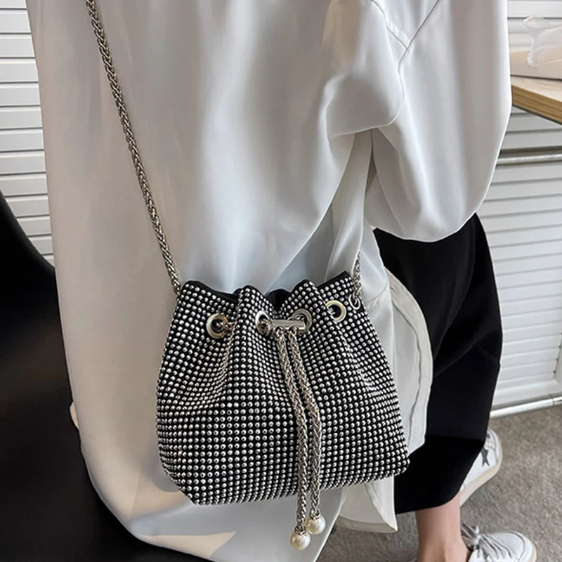 Xajzpa Bright Rhinestone Shoulder Bag Women Chains Crossbody Bag Drawstring Bucket Handbag Luxury Lady Armpit Handbag Daily Totes