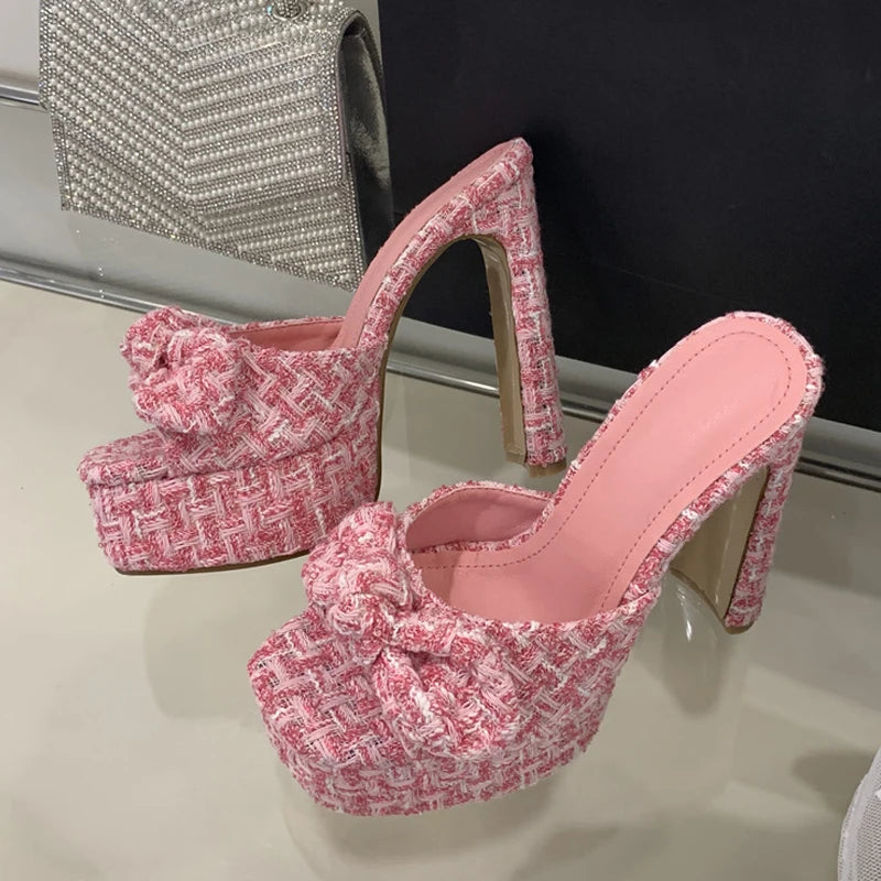 Xajzpa Fashion Pink Cloth Bowknot Designer Sandal Square Toe Super High Heels Platform Slippers Women Summer Party Banquet Shoes