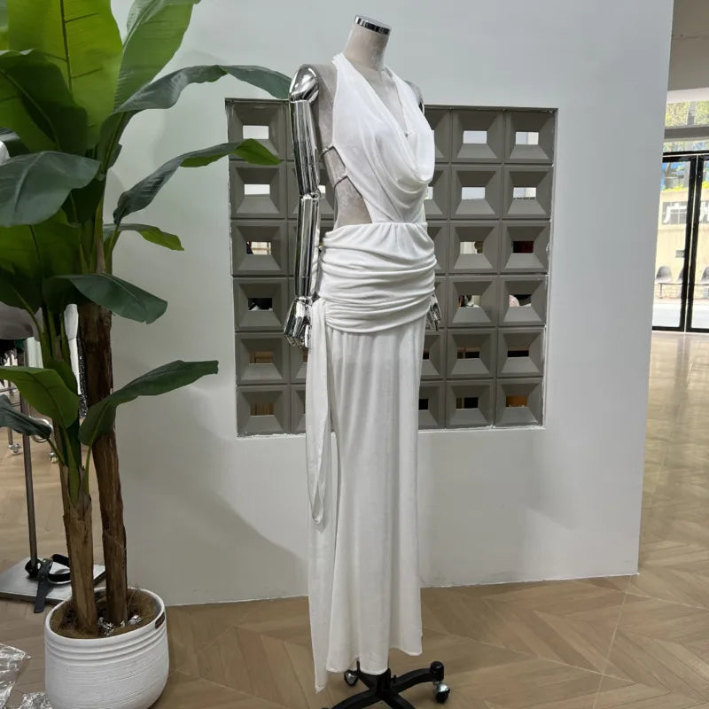 Xajzpa Fashion Solid Color Folds Dress Women's Halterneck Sleeveless Backless Casual Dresses 2025 Summer New Tide