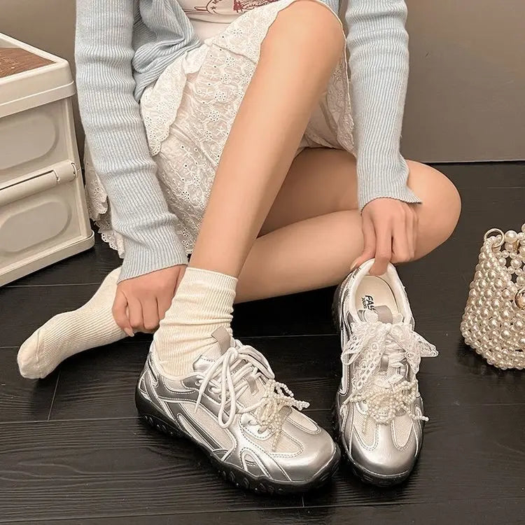 Xajzpa 2025 Summer New Color Breathable Soft Sole Comfortable Women Shoes Crescent Insole Height Lace Pearl Casual Sneakers