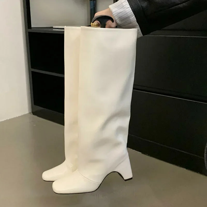 Xajzpa Winter Street Fashion Punk Style Knee-High Women Boots Designer Hollow Out Square High Heels Shoes Banquet Ladies Booties