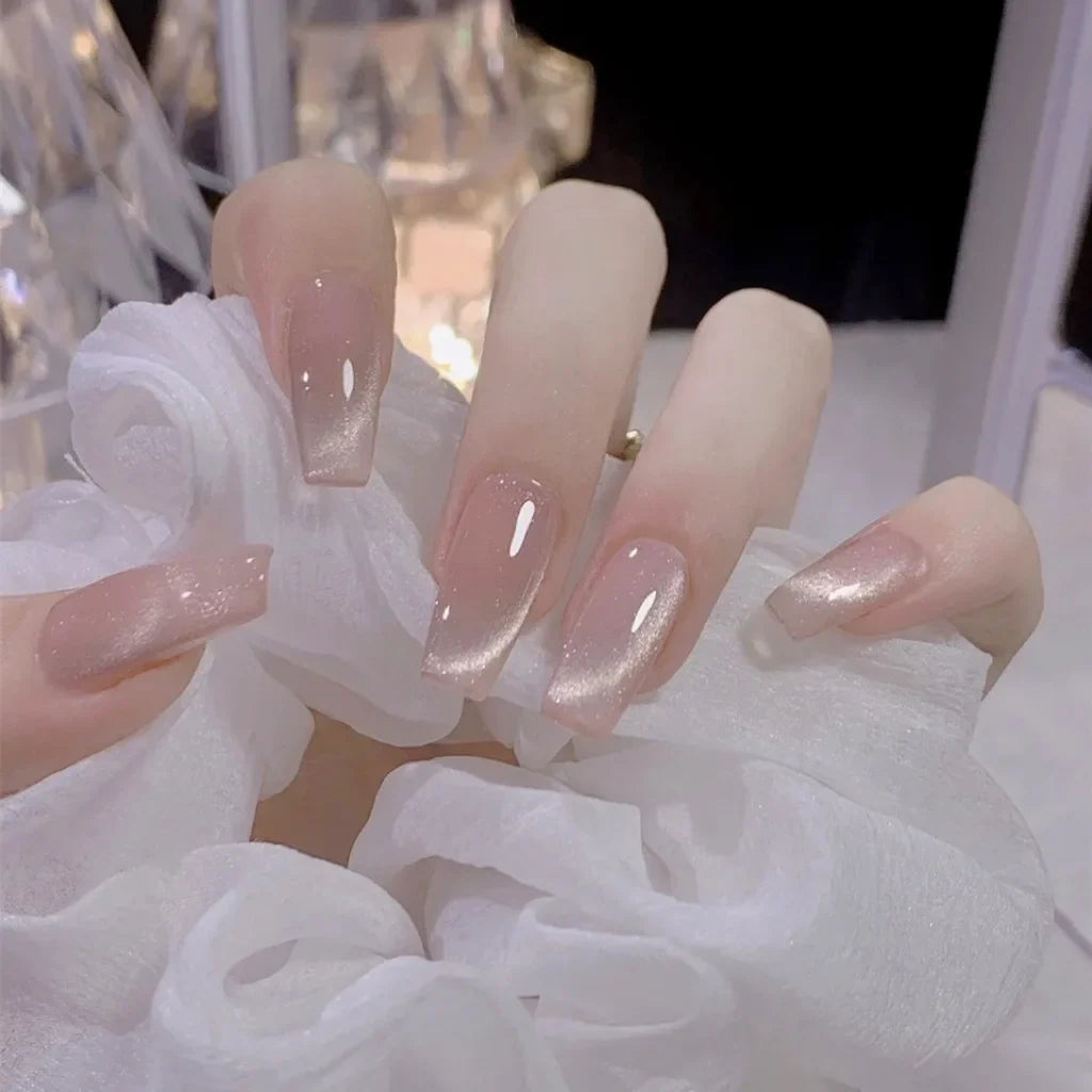 Xajzpa  24pcs Glitter Fake Nails Purple Shiny Cat Eye Press On Nails Almond Head Manicure Nail Tips Pink/Blue False Nail Patch For Girl