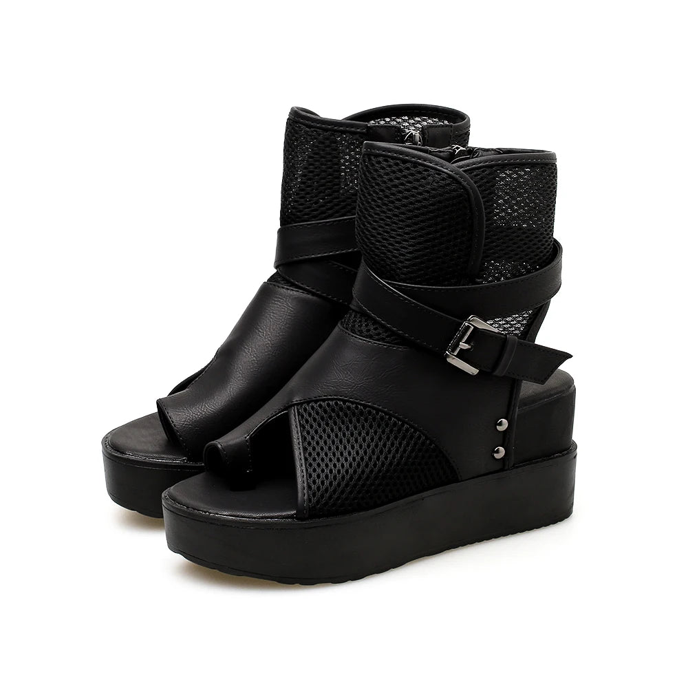 Xajzpa Brand Women's Shoes Zipper Sandals Boots Clogs Platform Fashion Wedge Ladies Mid-Calf Lolita High Heel Rome Square Toe Peep