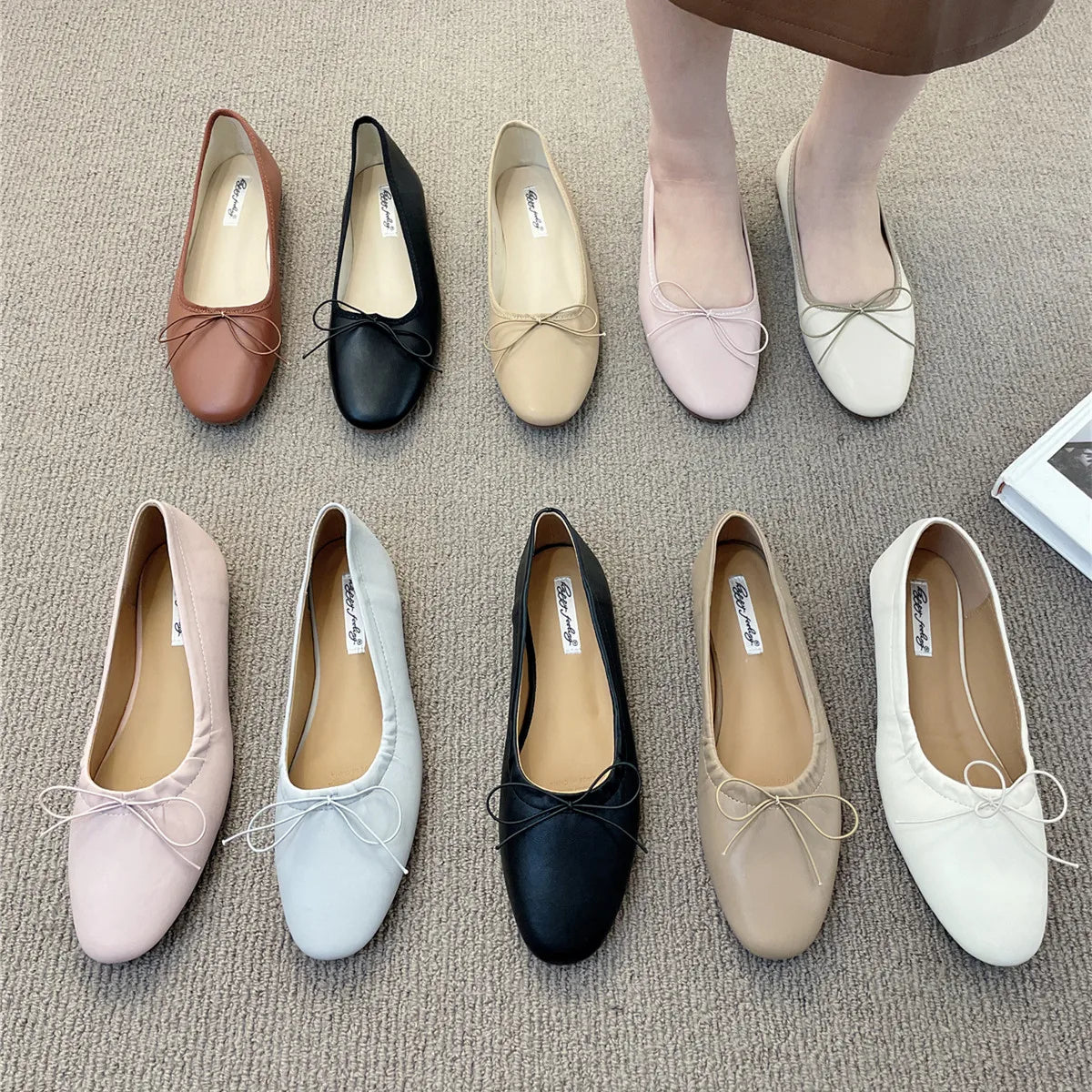 Xajzpa Fashion Bow Tie Flats Ballet Shoes Women Female Ballet Round Toe Shallow Cut Ballerina Soft Moccasin Dress Shoes Zapato