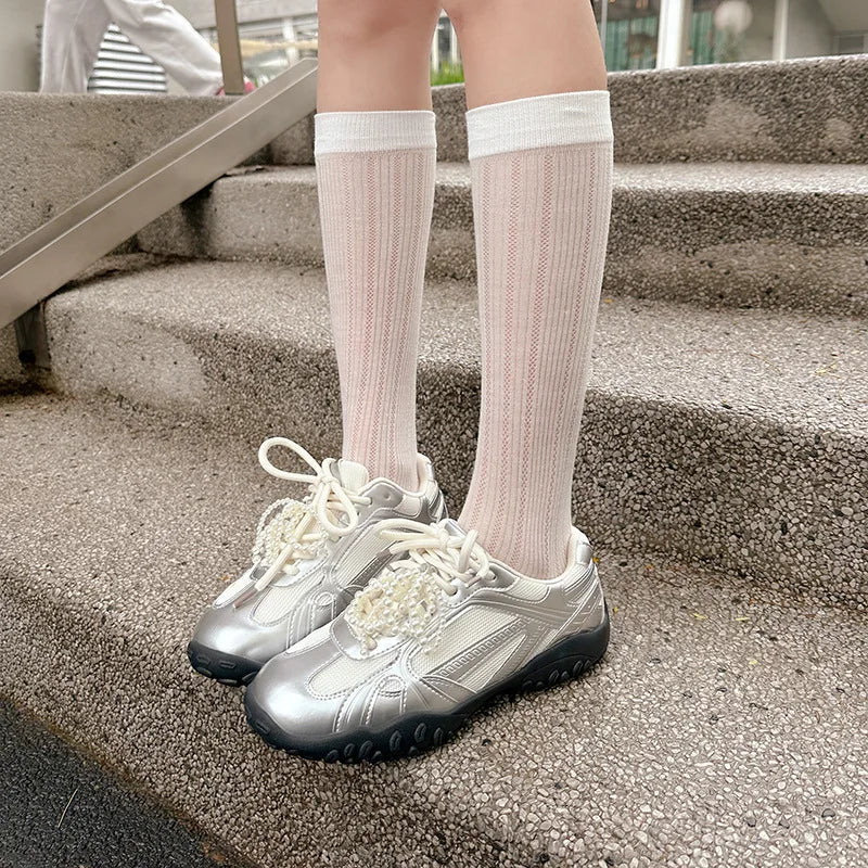 Xajzpa 2025 Summer New Color Breathable Soft Sole Comfortable Women Shoes Crescent Insole Height Lace Pearl Casual Sneakers