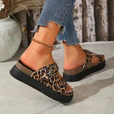 Xajzpa Low Leopard Shoes Slippers Women Summer Big Size Platform Slides Pantofle 2025 PU Fabric Buckle Strap Rome Rubber Hoof Heels