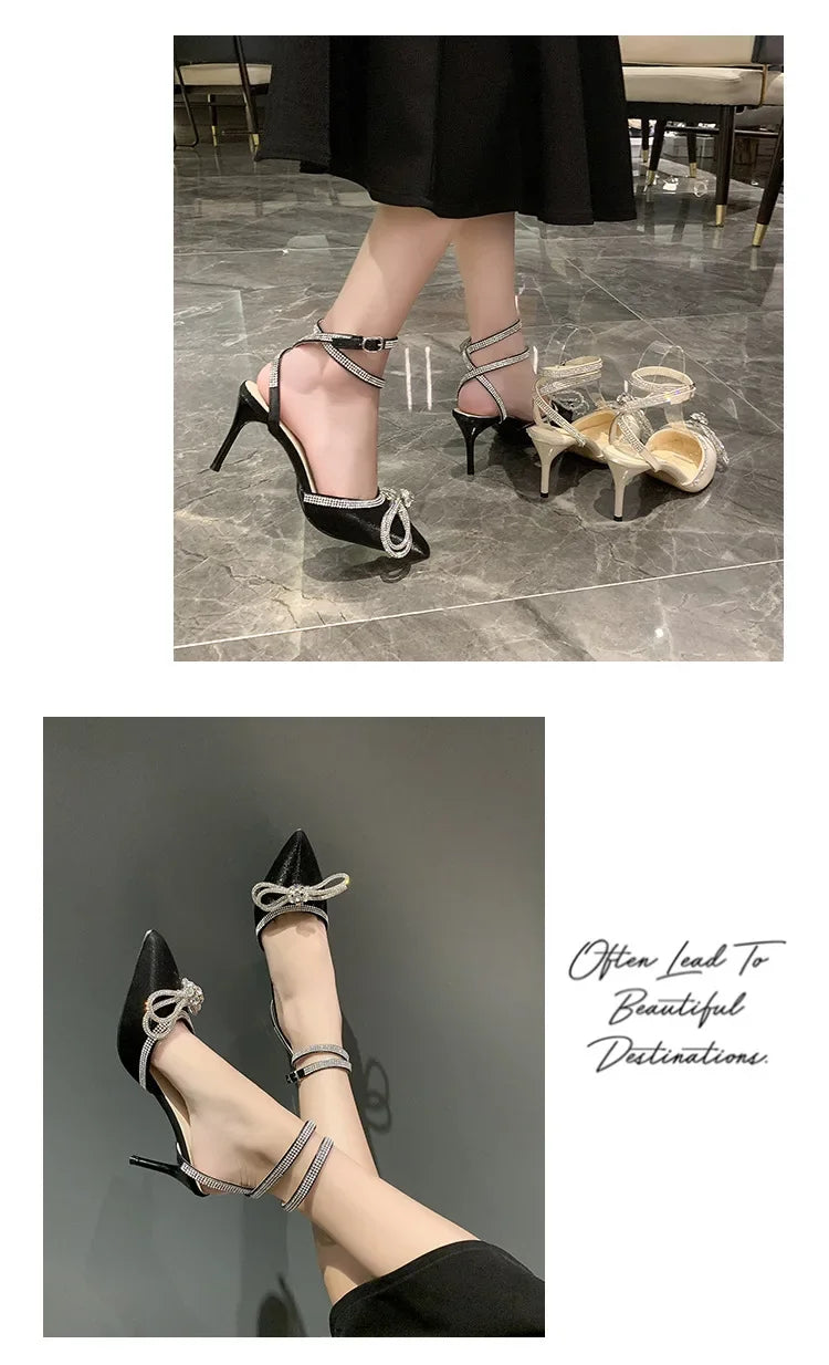 Xajzpa Banquet Dress White High Heels Elegant Temperament Dress Wedding Shoes Rhinestone Pointed Hollow Toe Sexy Sandals for Women
