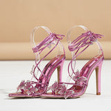 Xajzpa Sexy Crystal Butterfly Narrow Band Ankle Strap Gold Sandals Women Wedding Banquet Shoes Sexy Pointed Toe Stripper Heels