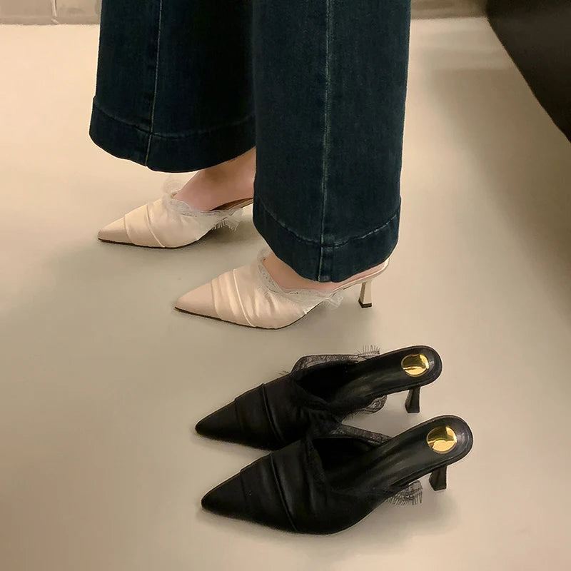 Xajzpa Female Shoes Slippers Women Summer Slides Thin Heels Cover Toe Heeled Mules Lace 2025 High Pointed Shoes Woman 2025 Female Mule
