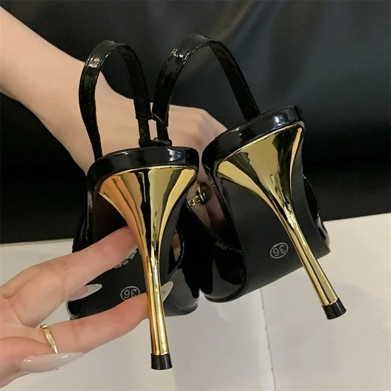 Xajzpa Spring Design Inlay Diamonds Woman Pumps Sexy Thin Low Heels Pointed Toe Elegant Slingbacks Prom Banquet Mules Shoes