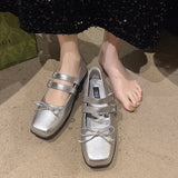 Xajzpa New Style Women's Square Toe Shoes Luxury Bow Flats Ladies Ballet Silver Belt Buckle Footwear Elegant Fashion Mary Jane Shoes