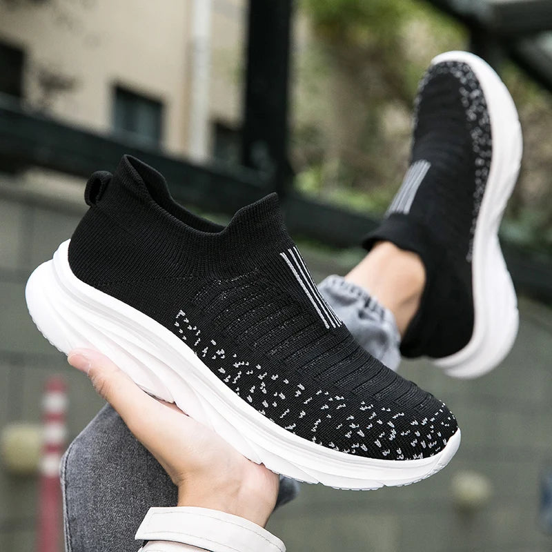 Xajzpa Men Flat Shoes Lazy Plus Size Socks 39-50 High Elasticity Knitted Fabric Comfortable Black Sports Shoes for Walking and Running