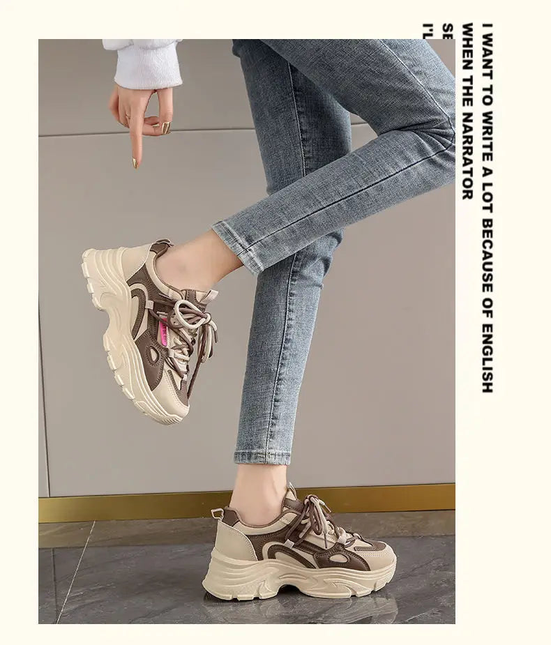 Xajzpa Women's Leather Dad Shoes Spring Autumn Lightweight Cotton Breathable Comfortable Casual Sports Sneakers