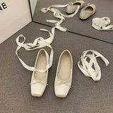 Xajzpa Women Flats Bow Marie Janes Shoes Elegant Wedding Shoes Lolita Dress Square Toe Shoes Designer Walking Shoes Female Zapatos