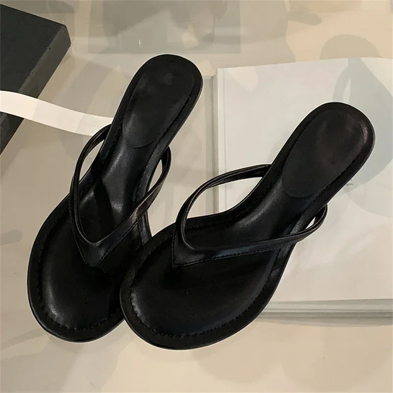 xajzpa Summer Fashion Thin Low Heels Slippers Women Round Clip Toe Beach Casual Sandals Flip Flops Shoes Zapatos De Mujer