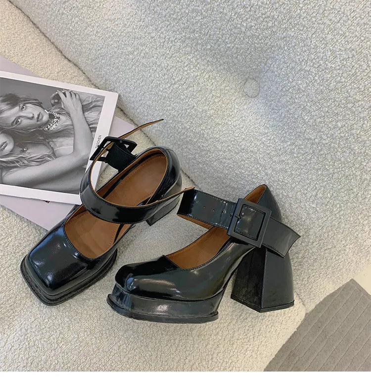 Xajzpa New Retro Mary Jane High Heels Women Shoes Fashion Chunky Heel Pumps Platform Ankle Buckle Japanese Uniform Ladies Shoes