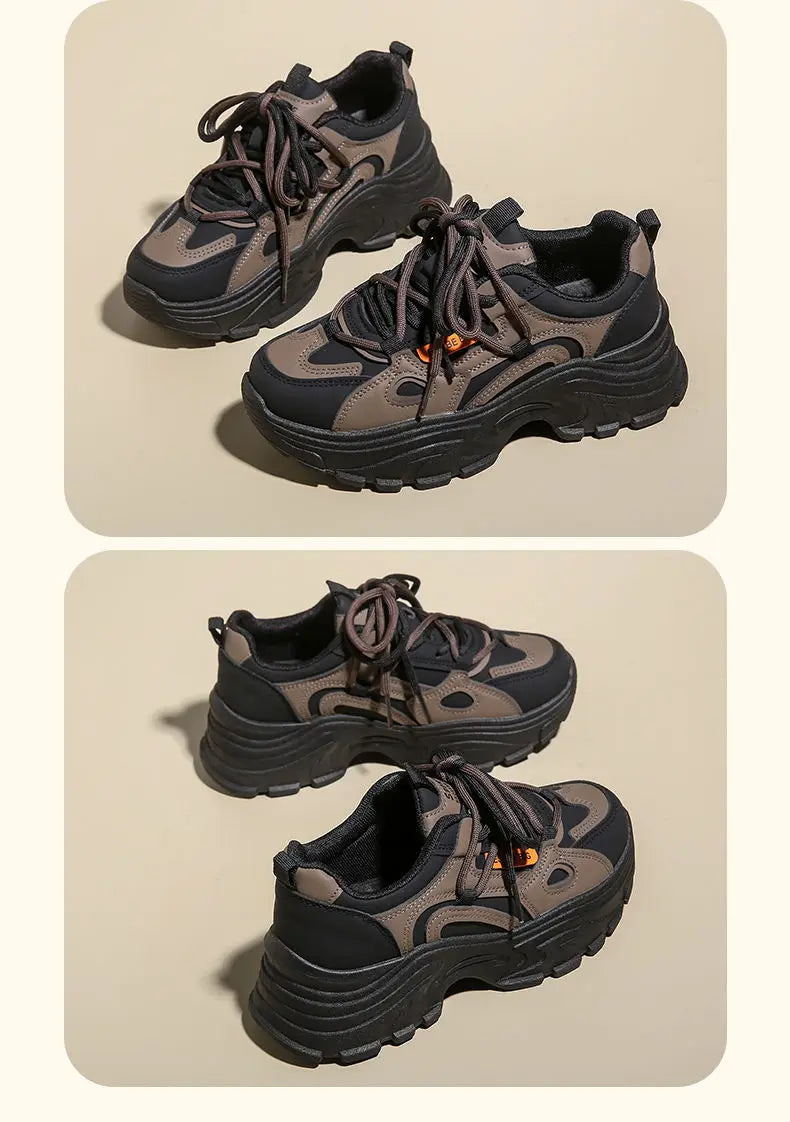 Xajzpa Women's Leather Dad Shoes Spring Autumn Lightweight Cotton Breathable Comfortable Casual Sports Sneakers