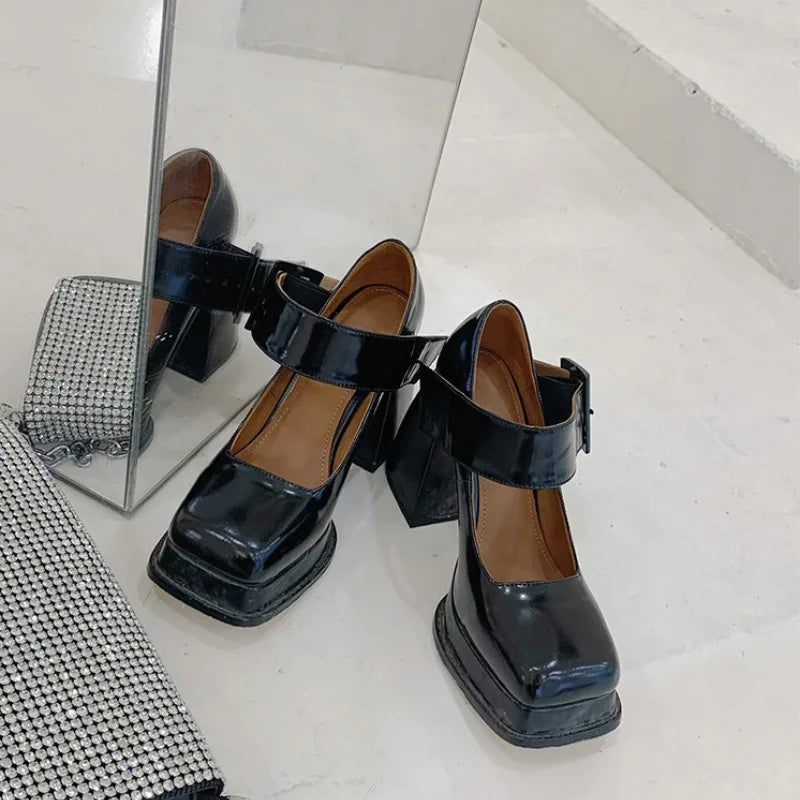 Xajzpa New Retro Mary Jane High Heels Women Shoes Fashion Chunky Heel Pumps Platform Ankle Buckle Japanese Uniform Ladies Shoes