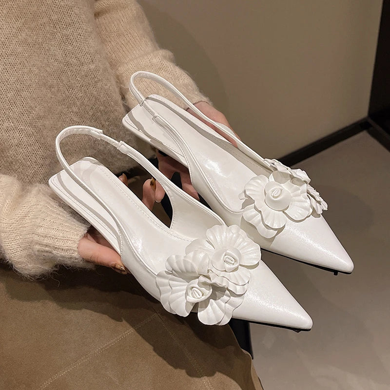 Xajzpa New Style Luxury Women's Mule Shoes Summer Fashion High Heel Flower Sexy Pointed Ladies Casual Outdoor Shoes Sweet White Sandals