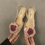 Xajzpa New Flower Designer Sandals Women Elegant Satin Mule Shoes Summer Pointed Toe Pumps Low Heel Flowers Slingback Sandals Female