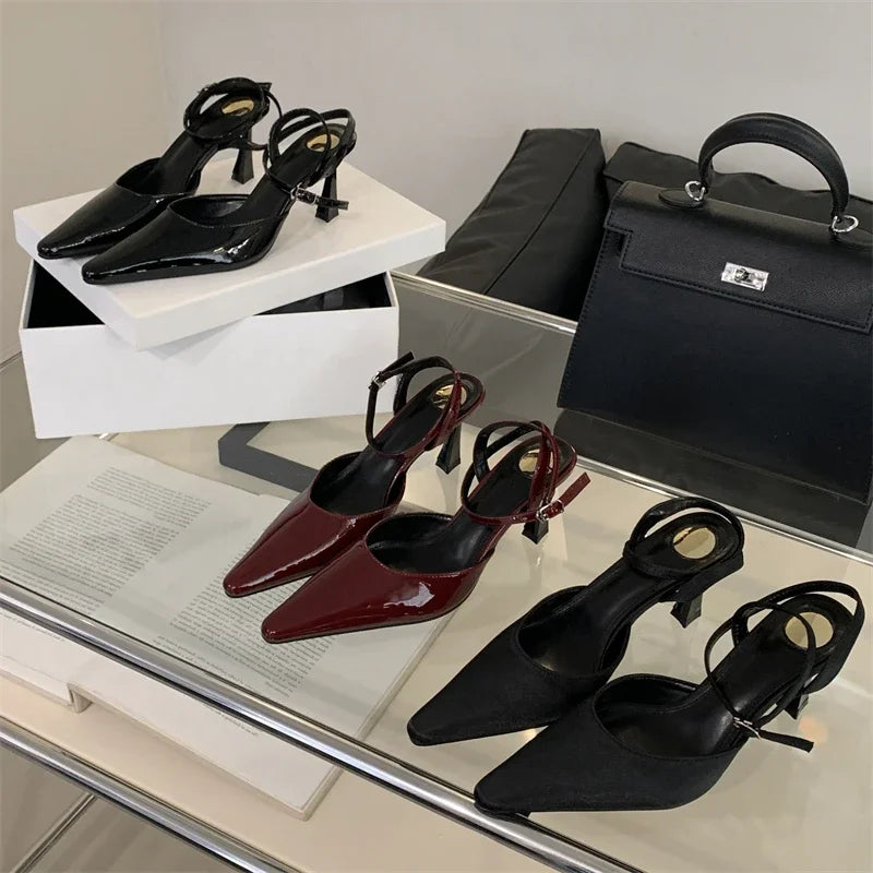 Xajzpa Spring Designer Narrow Band Women Pumps Sexy Ankle Buckle Strap Pointed Toe Thin Low Heels Dress Slingbacks Mule Shoes