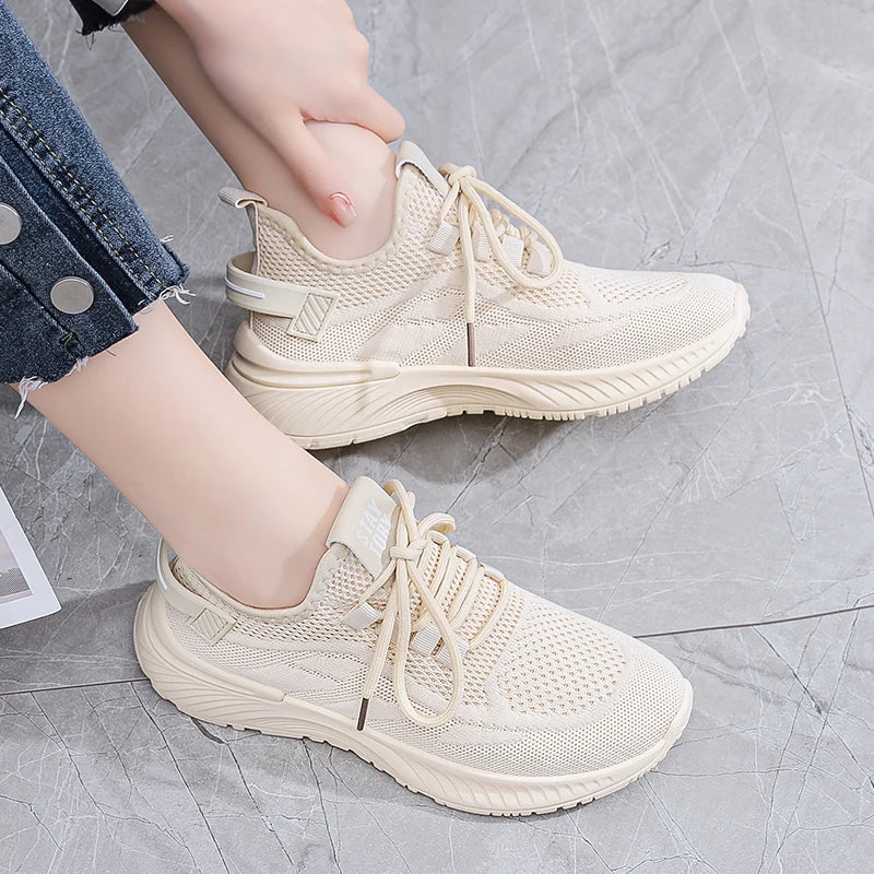 Xajzpa Autumn Women's Lace Up Flat Shoes Outdoor Fashion Black Lightweight Black Running Shoes Breathable Mesh Casual Sports Shoes