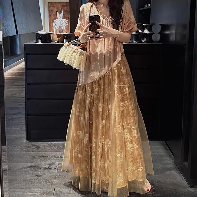 Xajzpa Fashion Lace Mesh Dress Women's V Neck Short Sleeve High Waisted Patchwork Dresses 2025 Summer New Tide