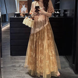 Xajzpa Fashion Lace Mesh Dress Women's V Neck Short Sleeve High Waisted Patchwork Dresses 2025 Summer New Tide