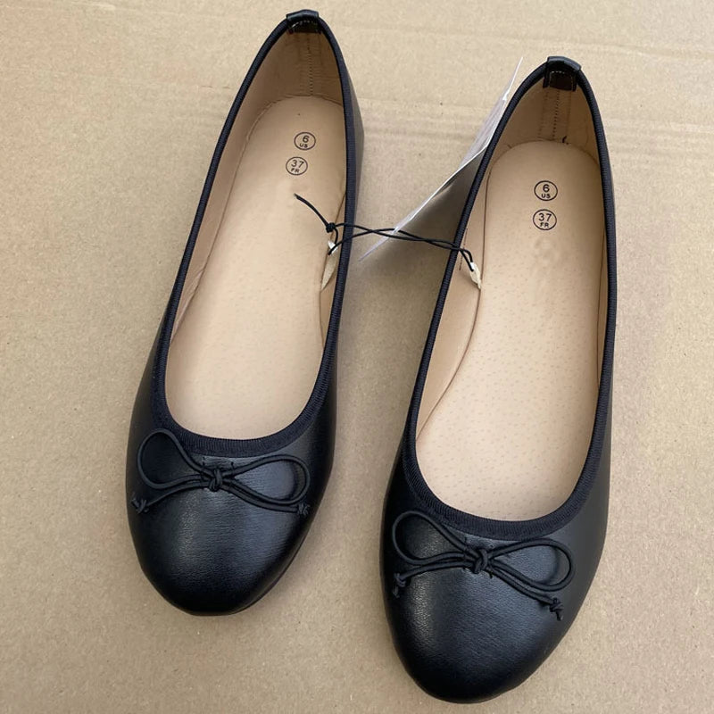 Xajzpa Spring Autumn Elegant Bowknot Ballerina Flat Women's Round Toe Comfort Slip-On Ladies Loafers Leather Single Mules Shoes