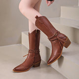 Xajzpa New Faux Leather Retro Western Boots Women Rivet Belt Buckle Mid Calf Boots Square High Heels Punk Cowboy Boots