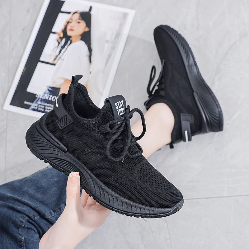 Xajzpa Autumn Women's Lace Up Flat Shoes Outdoor Fashion Black Lightweight Black Running Shoes Breathable Mesh Casual Sports Shoes