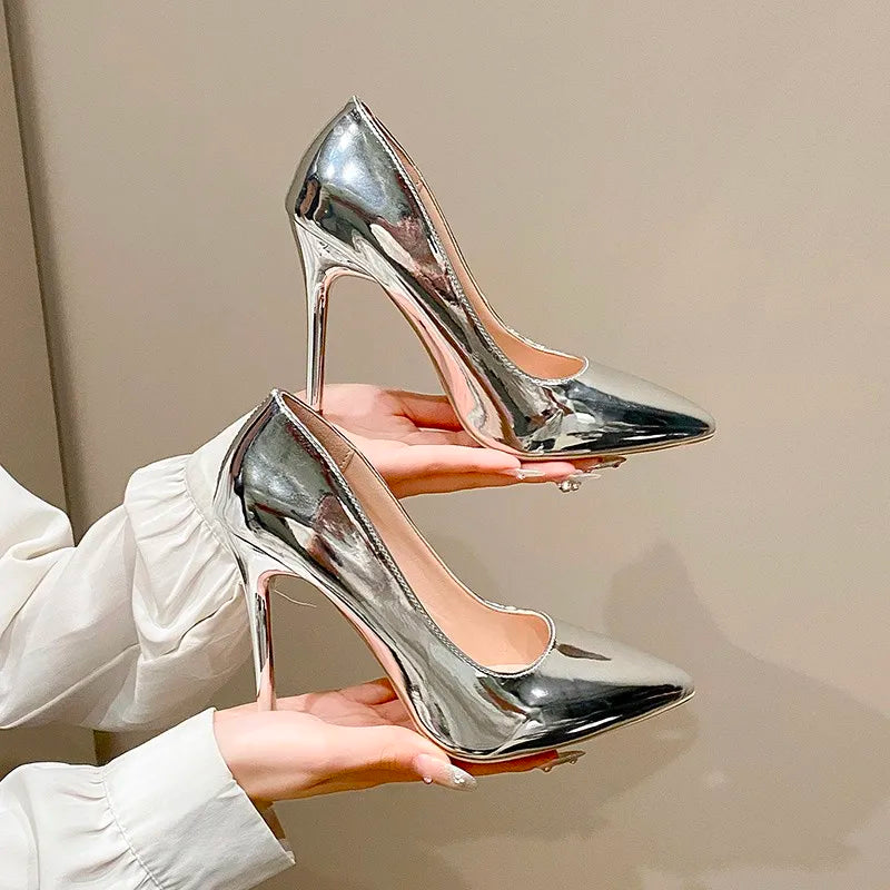 Xajzpa New Style Women's Soft Leather Sliver Gold High Heels Shoes Fashion Women Pumps Pointed Toe Slip-on Office Woman Wedding Shoes