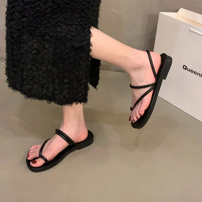 Xajzpa Summer New Brand Women Slippers Fashion Narrow Band Ladies Elegant Slides Flat Heel Outdoor Gladiator Shoes Beach Shoes