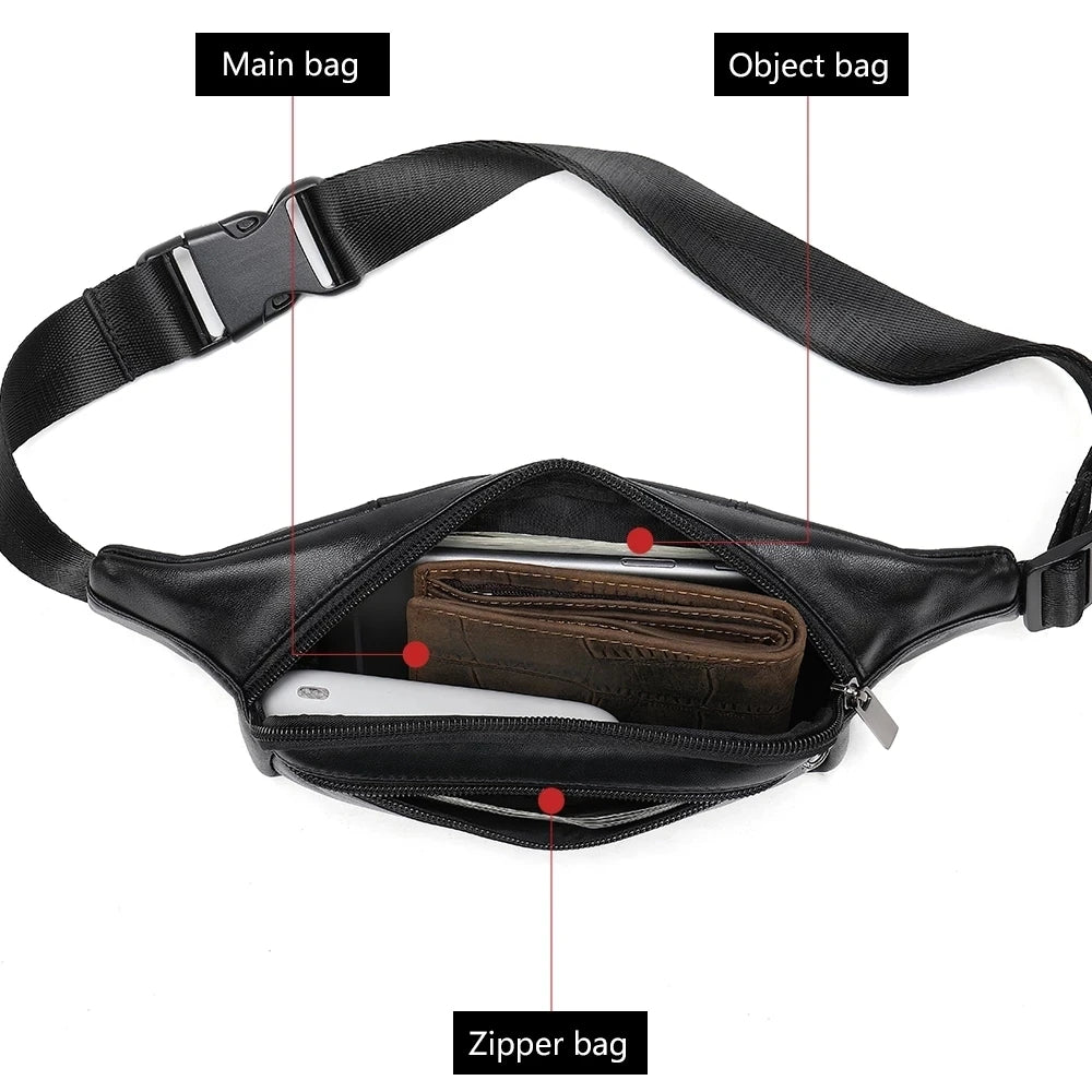 Xajzpa Multifunction Men's Chest Bag 2 Use Genuine Leather Male Single Shoulder Belt Waist Bag Sling Chest Pack For Biker Black