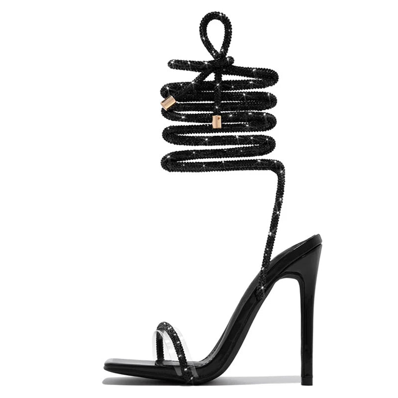 Xajzpa Sexy Gold Crystal Ankle Cross Strap Sandals Women Summer Party Wedding Banquet Shoes Fashion Open Toe Club Stripper Heels