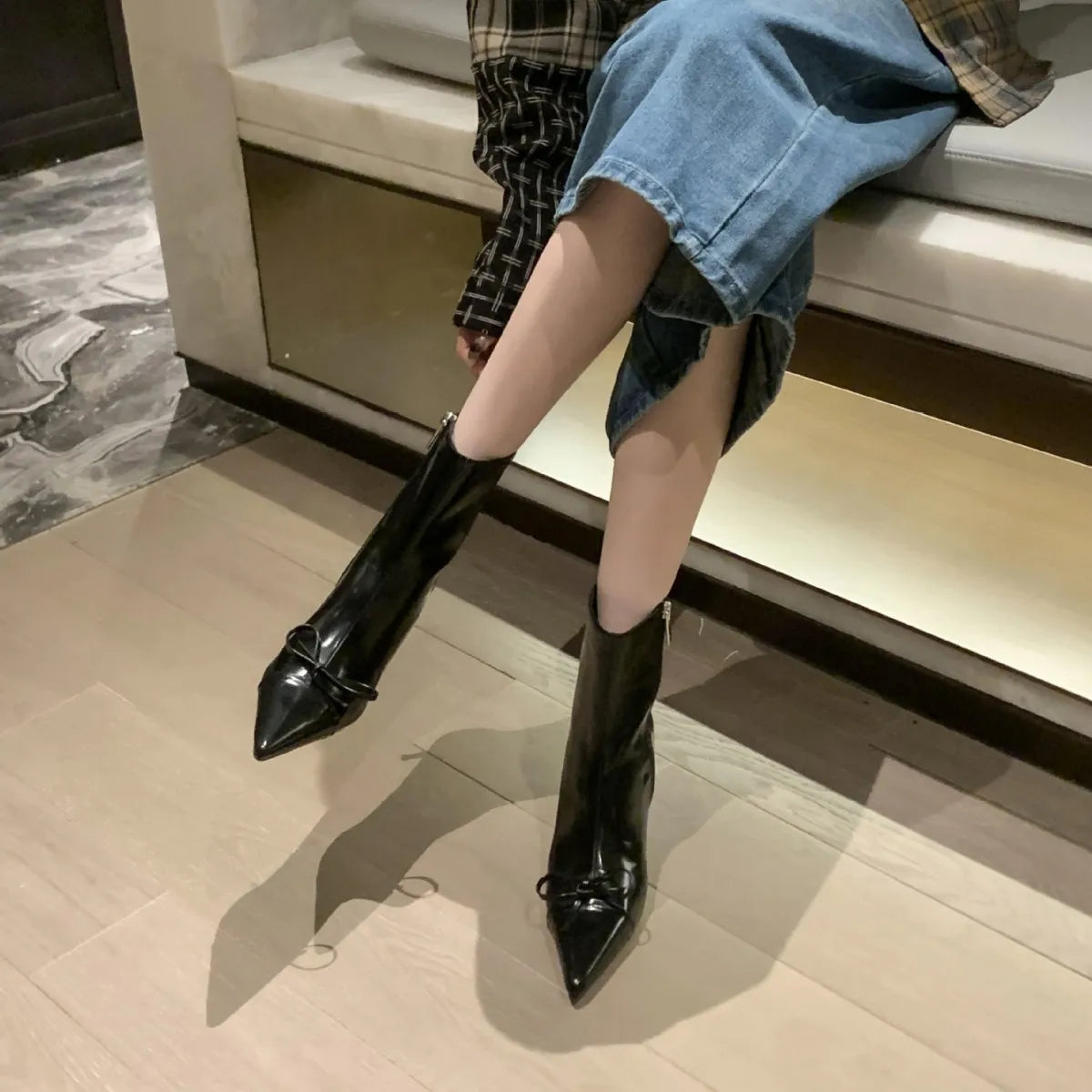 Xajzpa Women's Leather Boots Female Shoes Boots-Women Zipper  Luxury Designer Ladies 2024 High Heel Pointy Med Rubber Mid Calf Mid-Calf