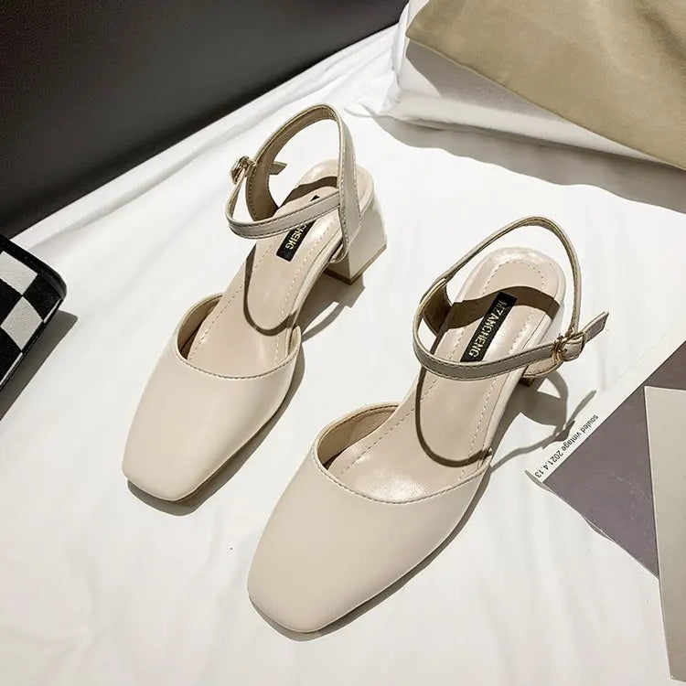 Xajzpa Beige Heeled Sandals Comfort Shoes for Women Med Buckle Strap 2025 Summer Black Block Girls Low Closed High Medium New Fashion S