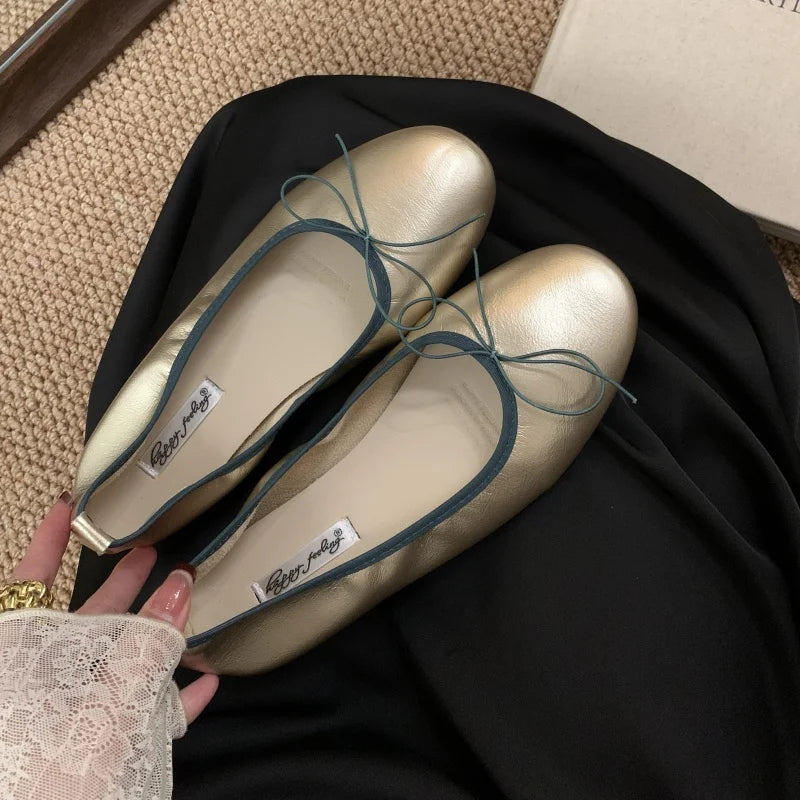 Xajzpa Fashion Bow Tie Flats Ballet Shoes Women Female Ballet Round Toe Shallow Cut Ballerina Soft Moccasin Dress Shoes Zapato