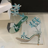 Xajzpa Designer Green High Heels Gladiator Sandals Women Fashion Rhinestone Butterfly Ankle Snake Twine Around Party Prom Shoes