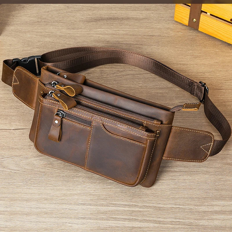 Xajzpa Crazy Horse Leather Waist Bag For Men Male Genuine Leather Waist Pack Fanny Pack Belt Pouch For Man Crossbody Bags For Phone