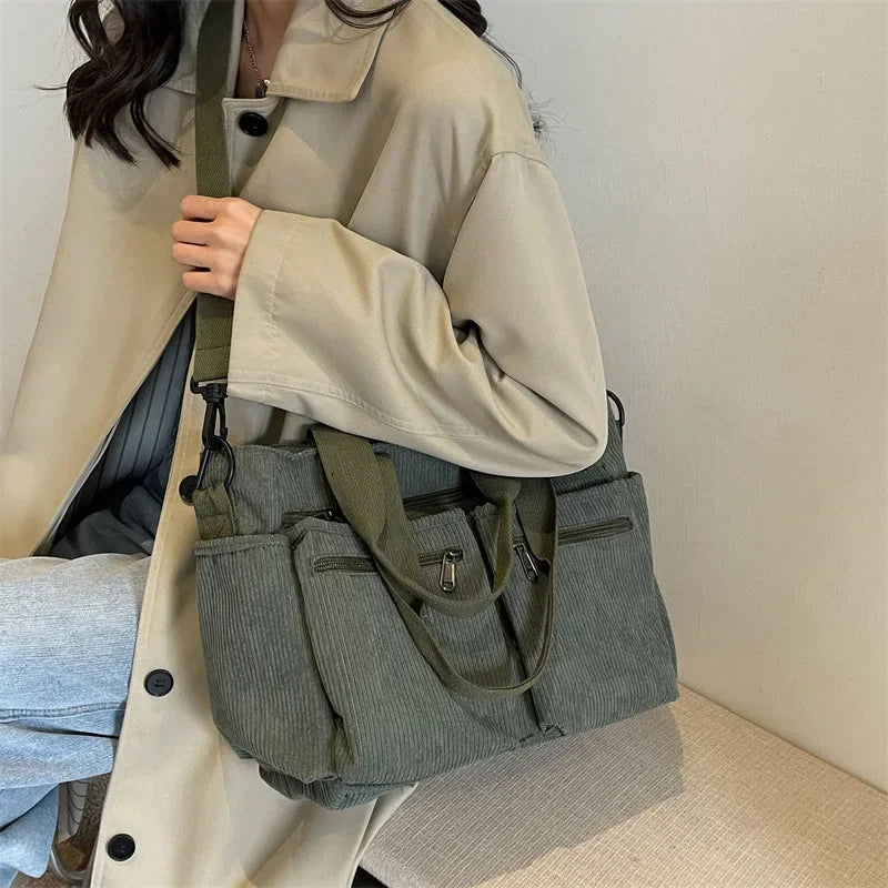 Xajzpa Corduroy Large Capacity Women Shoulder Bag Classic Korea Style Elegant Tote Bag Traveling Multilayer Thick Classy Crossbody Bag